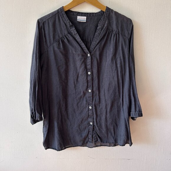 Columbia Tops - Columbia Button Front Blouse Womens Large Blue Grey V-neck VTG Gorpcore
